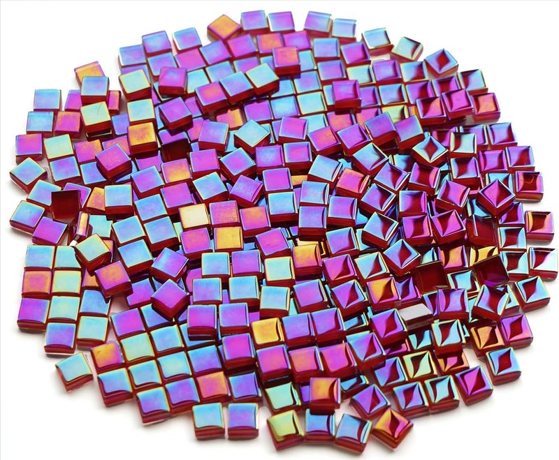 CHICSHIS 0.66lbs Ruby Red Iridescent Mosaic Tiles, 3/8" Square Glass Pieces With Smooth Edges, Ideal for Making Supplies, Small Colored Glass Tiles for DIY Coaster Projects - Image 1